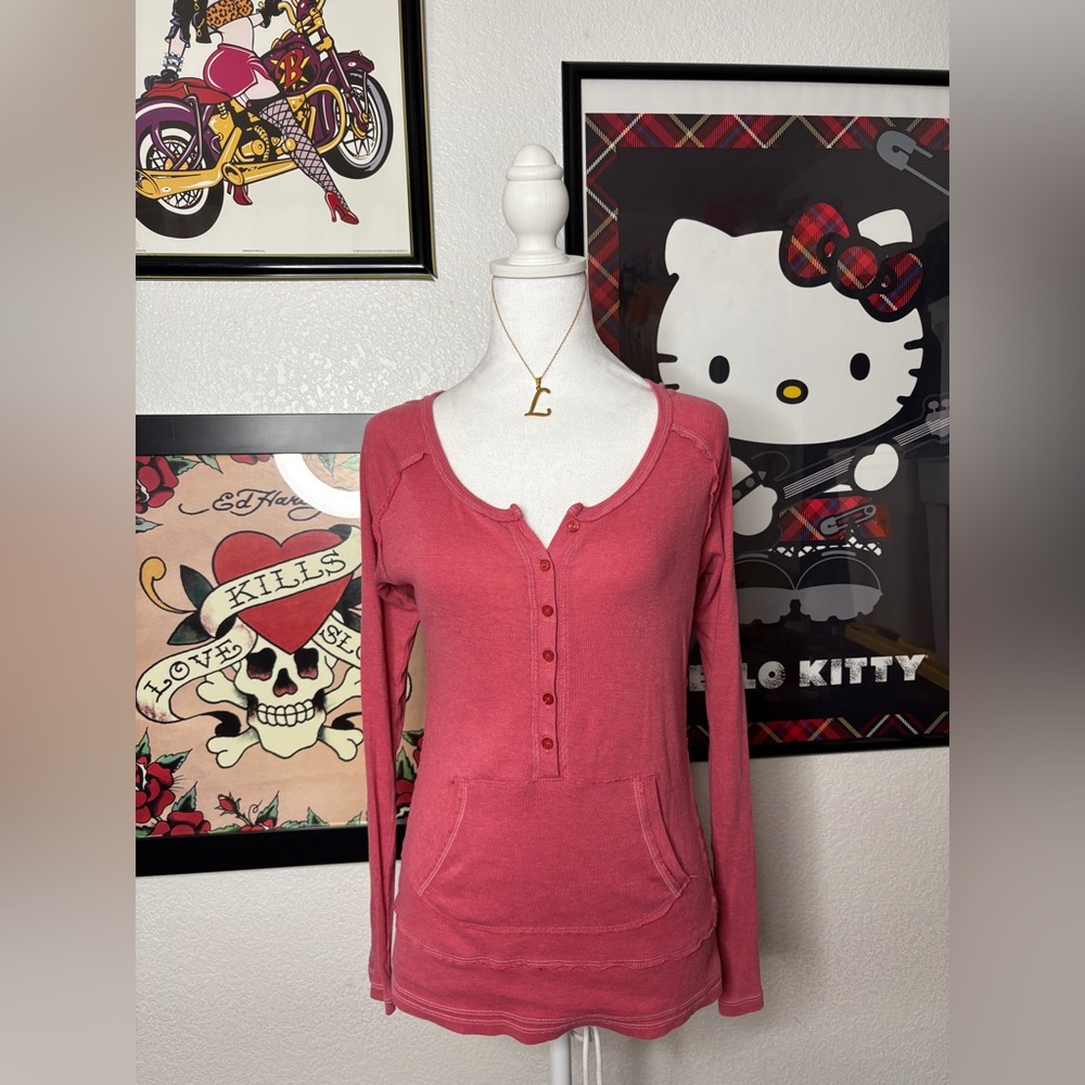Maurices Salmon Button Up Kangaroo Pocket Distressed Seam Henley Top Fall Cozy